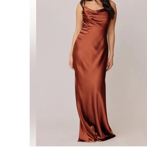 Revelry Skye Satin Cowl Neck Maxi Dress Terracotta Copper Bridesmaid Gown 14 - Picture 1 of 10